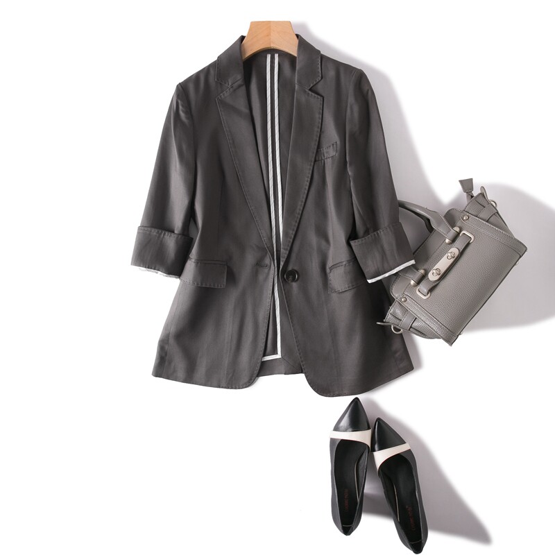 ol通勤客供铁灰色薄西服 利落剪裁小开叉袖口拱针西装外套女夏