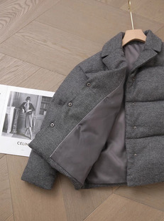 舒适蓬松感加厚白鸭绒干练灰色西装领短羽绒服 修身羽绒夹克外套