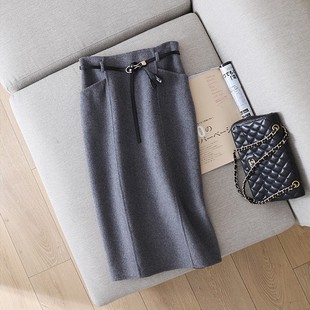 优雅知性~小高腰包臀H型后开叉中长双面羊毛呢半身裙+腰带女秋冬