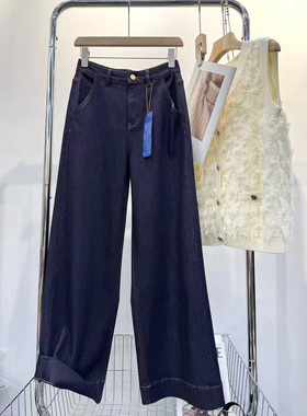 修饰各种腿型清爽气质显瘦深蓝色阔腿裤 双插口袋中弹牛仔裤女春