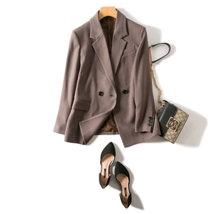 微阔版立体剪裁显瘦双排扣中长西装 秋冬中等厚度抗皱西服外套女