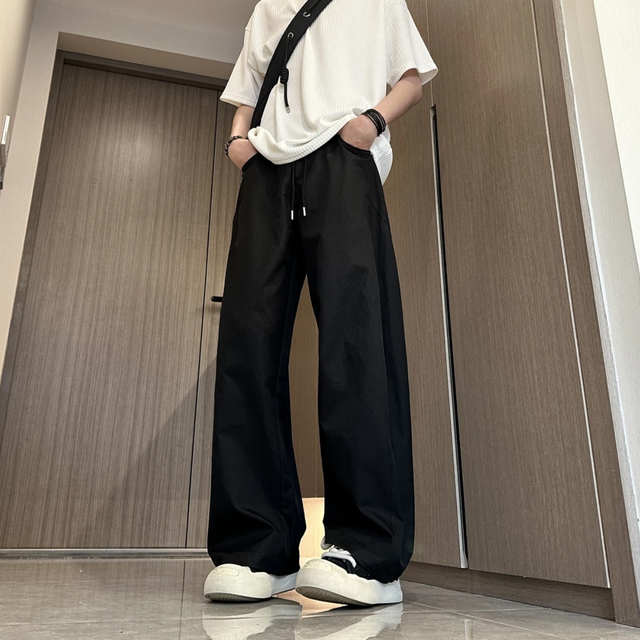 夏季斜切休闲大码宽松直筒长裤子