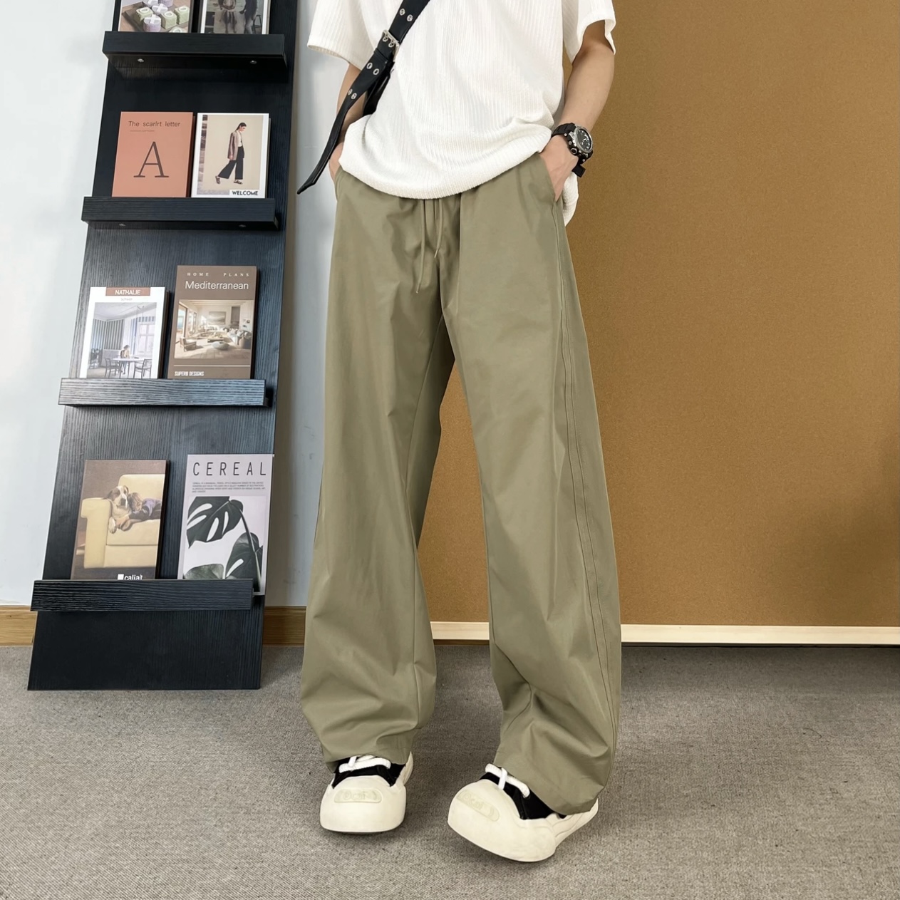 夏季美式斜切休闲冰丝长裤