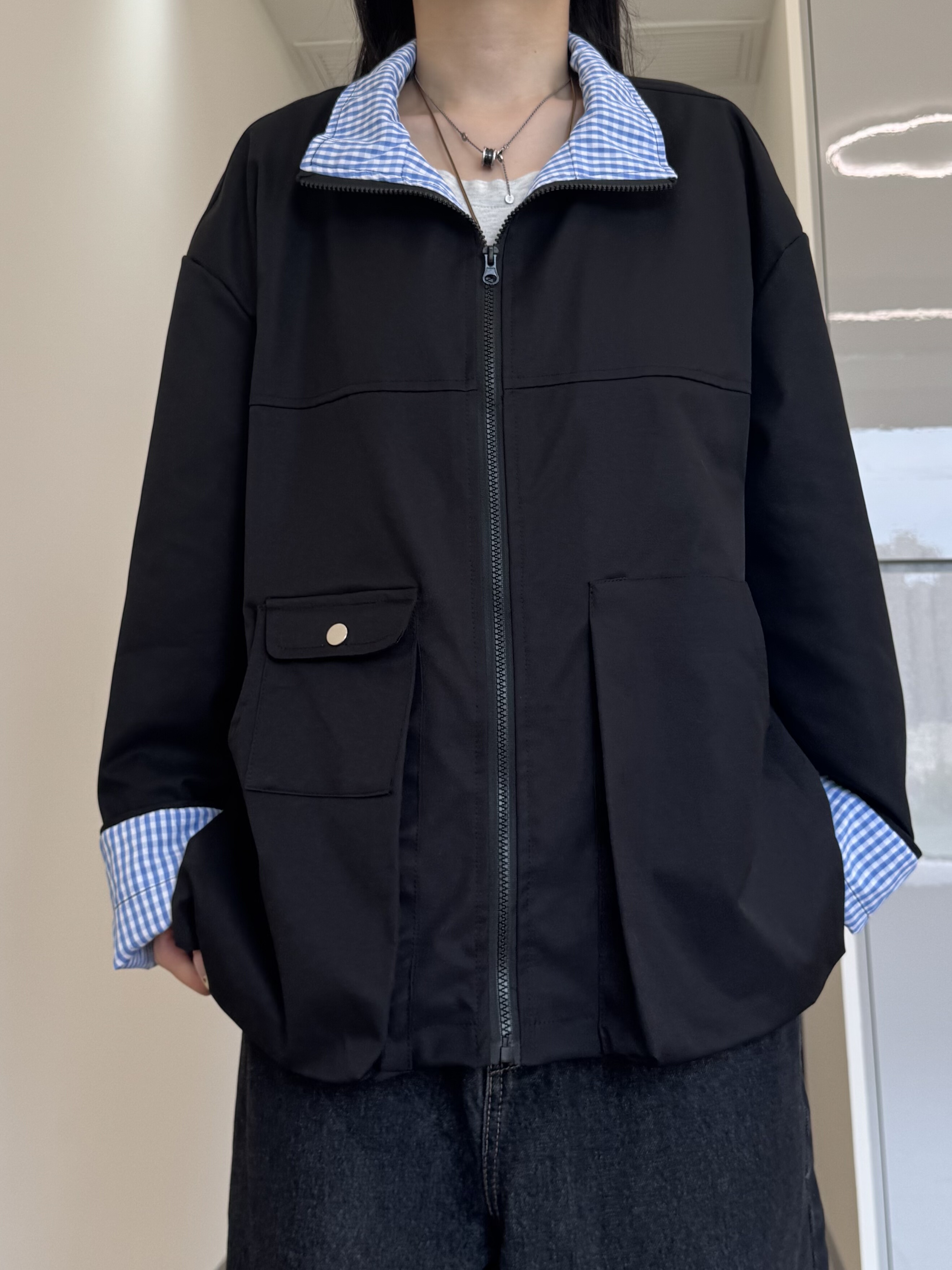 美式复古格子拼接夹克上衣