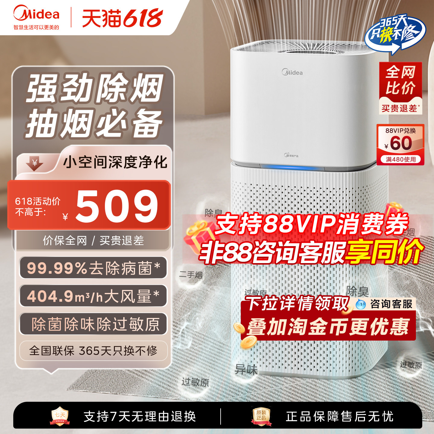 美的空气净化器吸烟净化机除二手烟异味烟味房间室内办公室Z1Pro