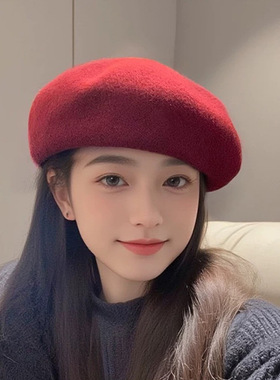 女童红色毛呢贝雷帽显脸小大头围