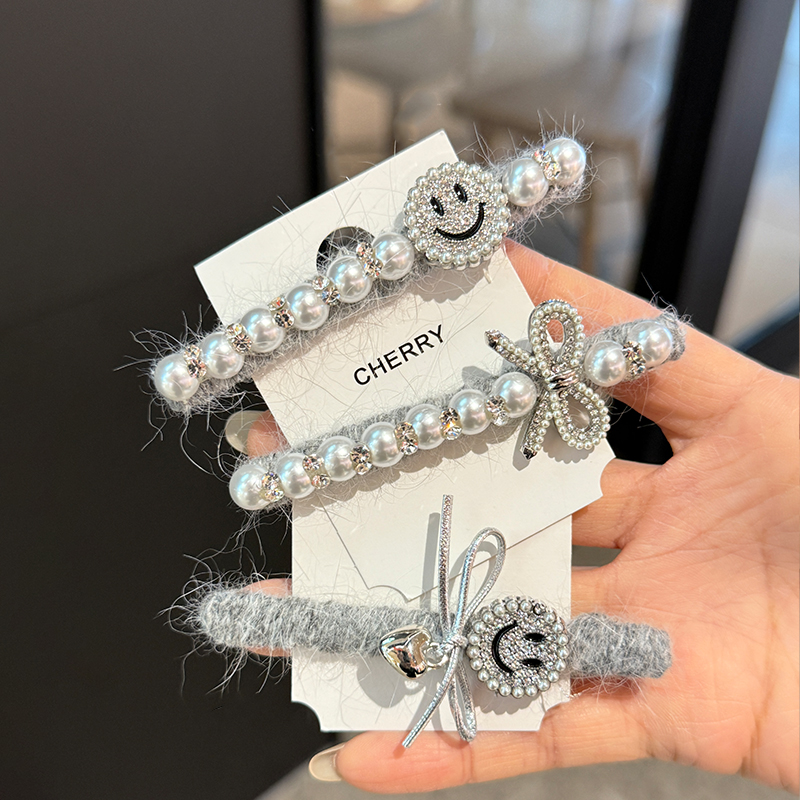 灰色毛呢发夹珍珠发饰蝴蝶结发卡