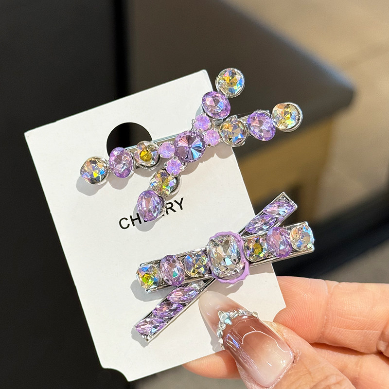 韩国精致发卡紫色水钻交叉高级感一字夹前额发夹鸭嘴夹刘海夹压夹,饰品/流行首饰/时尚饰品新,发饰,淘宝优惠券,粉丝福利购,淘宝优惠卷