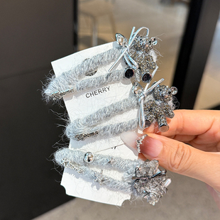 高级感灰色马海毛发夹水钻小熊发夹侧边刘海夹发卡时尚碎发bb夹女