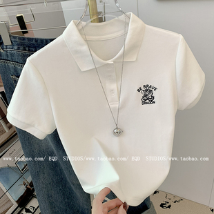 复古刺绣短袖 修身 美式 T恤女2025新款 学院风小心机上衣 短款 polo衫