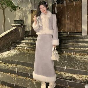 小香风套装女2023秋冬季新款高级感气质名媛毛呢外套半身裙两件套