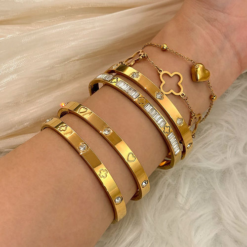 跨境不锈钢金色手镯套装镶钻四叶草手镯四叶草手链gold bangles