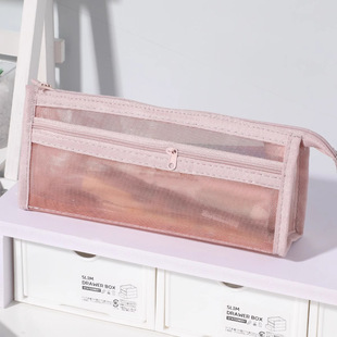 透明网纱笔袋双层立体大容量中学生考试文具袋简约纯色文具袋