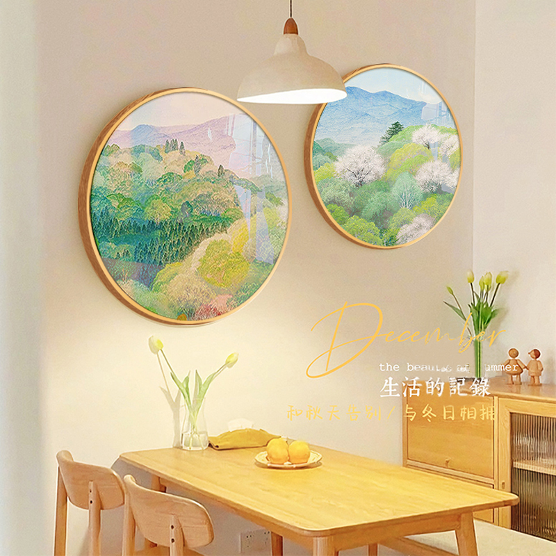 日式原木风餐厅挂画圆形绿色餐边柜装饰画治愈系卧室床头森林壁画图片
