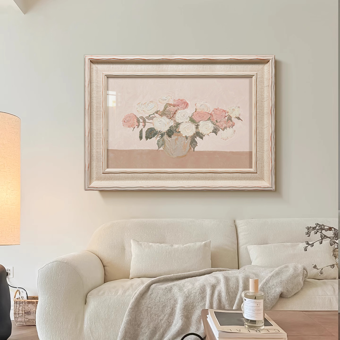 法式奶油风挂画客厅高级感玫瑰花