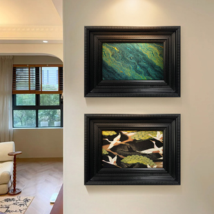 松鹤延年客厅挂画高级感中古风入户玄关装饰画绿色新中式床头壁画