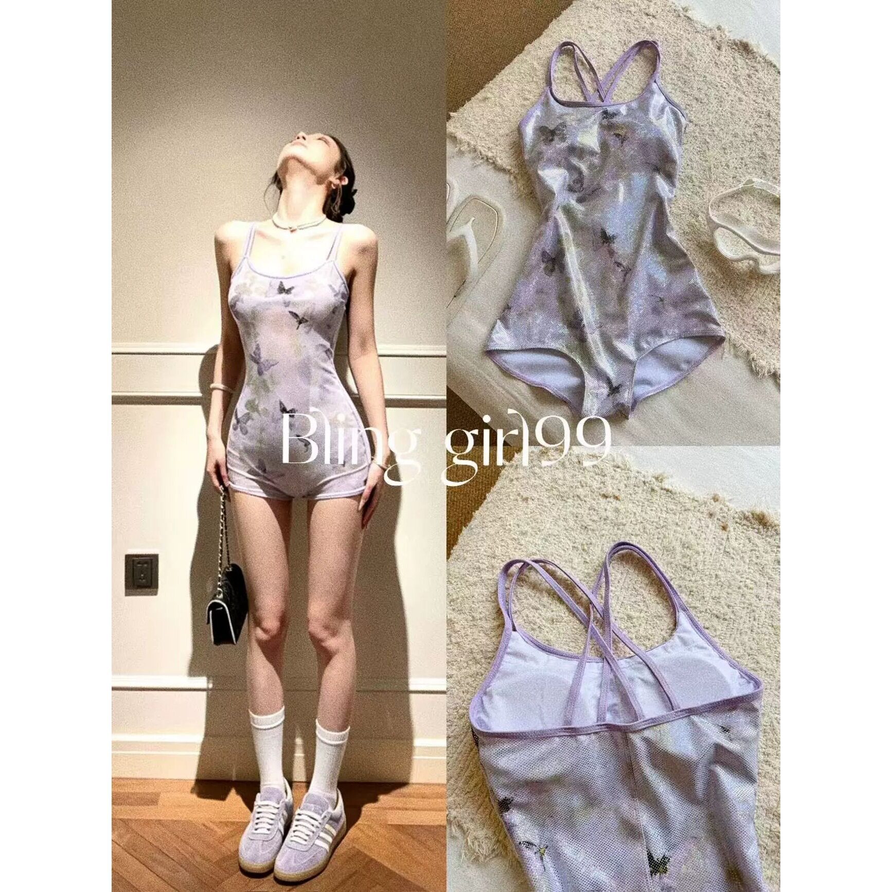 【紫梦蝴蝶】法式复古修身显瘦竞速泳衣带胸垫女微胖大码竞技泳装