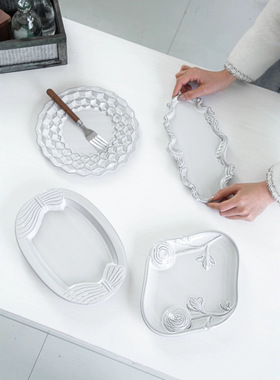 西象 现货法式复古立体浮雕黑陶多功能餐盘