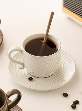 日式复古拿铁咖啡杯碟套装女高颜值陶瓷杯子设计感小众水杯早餐杯