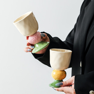 陶瓷手绘水果造型高脚水杯手握杯咖啡杯西瓜草莓柠檬甜品杯香薰