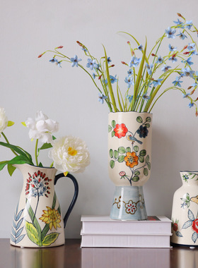 复古花瓶陶瓷手绘花鸟创意花瓶高级感艺术花瓶水培家居装饰摆件