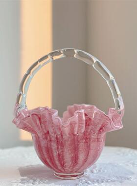 法式中古手作粉色芬顿玻璃褶皱裙边小提篮果盘样板间桌面轻奢摆件
