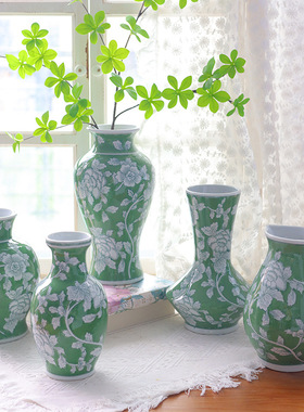 青花瓷花瓶陶瓷花瓶新中式绿绮花笺花瓶水培插花器客厅装饰摆件