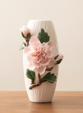 羊脂玉陶瓷纯手工捏花鲜花花器牡丹花客厅家居插花干花花瓶餐厅装