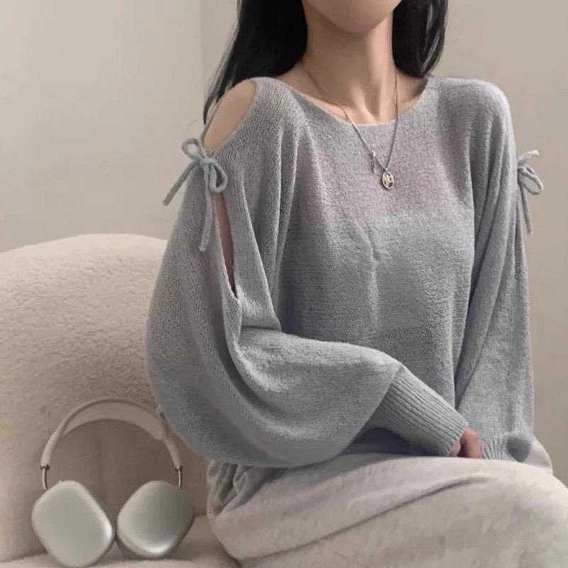 韩国chic夏季系带镂空露肩宽松透视薄款防晒针织衫套头罩衫上衣女