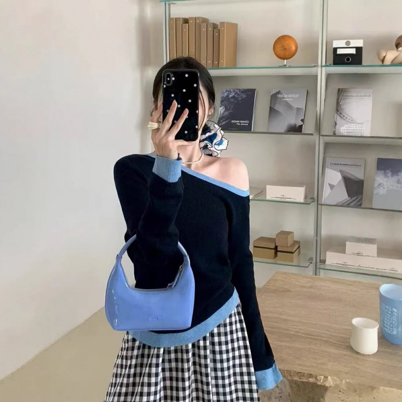 撞色斜肩针织衫女春季韩版新款修身显瘦打底衫内搭长袖百搭上衣潮,女装/女士精品,毛针织衫,淘宝优惠券,粉丝福利购,淘宝优惠卷