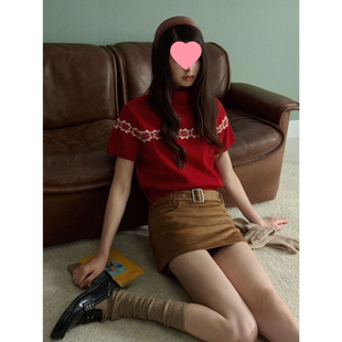 高领费尔岛针织衫女秋冬复古提花短袖叠穿毛衣冰丝肩带款常规纯色