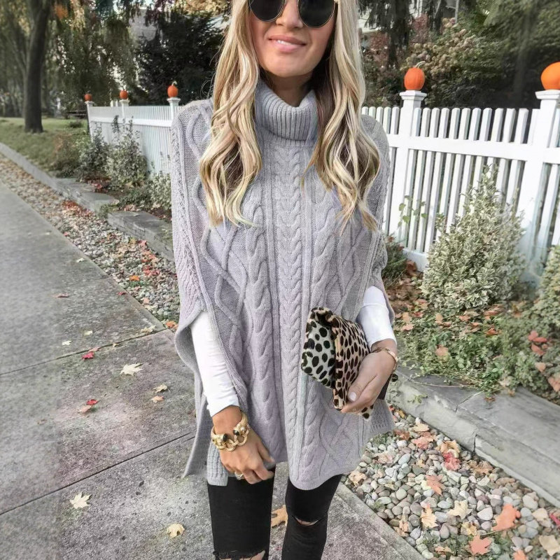 欧美麻花针织衫女秋冬新款高领马甲文艺复古风纯色毛衣背心女