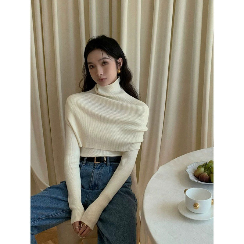 韩系披肩毛衣两件套女高级感气质简约纯色高领叠穿斗篷打底衫上衣