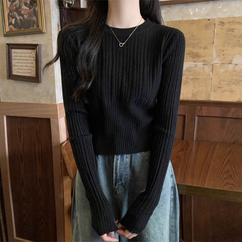 法式圆领黑色长袖毛衣衫女秋冬高级设计感纯欲针织打底衫欧货上衣