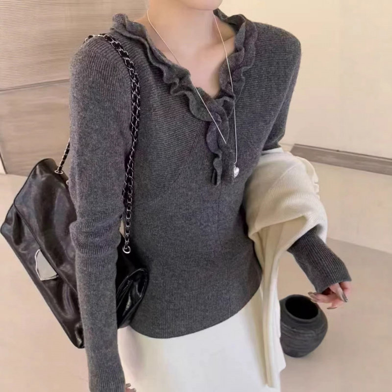 温柔韩系风V领木耳边针织衫女春季时尚休闲修身气质百搭毛衣上衣,女装/女士精品,毛针织衫,淘宝优惠券,粉丝福利购,淘宝优惠卷