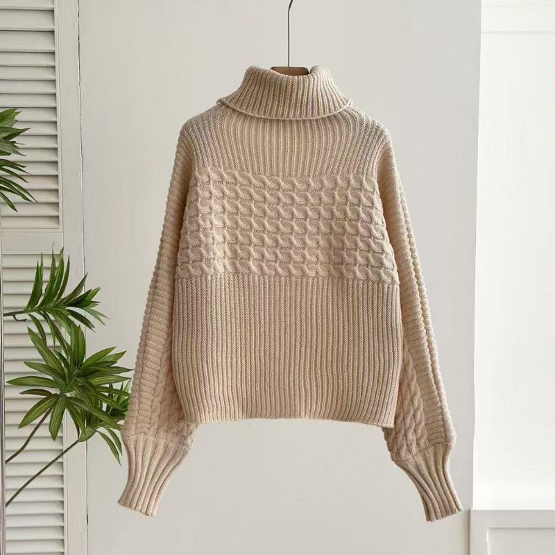 欧美外贸秋冬季高领套头长袖毛衣女麻花螺纹纯色针织衫上衣女