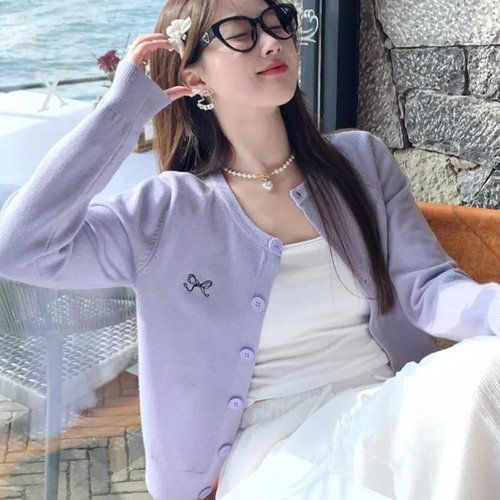 【现货】黄色针织开衫女蝴蝶结刺