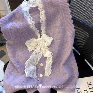 小香风蕾丝蝴蝶结马甲针织衫女款2025新款春秋季外搭叠穿毛衣背心