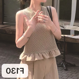 夏季新款时尚圆领镂空无袖针织衫背心女装蕾丝拼接荷叶边针织上衣
