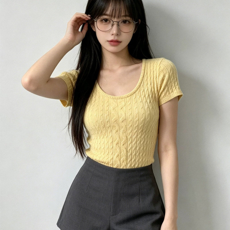 黄色麻花修身短袖针织衫女夏季20图片