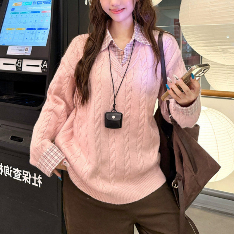 减龄麻花Polo领长袖毛衣女装冬季休闲格子拼接针织衫粉色打底上衣,女装/女士精品,毛衣,淘宝优惠券,粉丝福利购,淘宝优惠卷