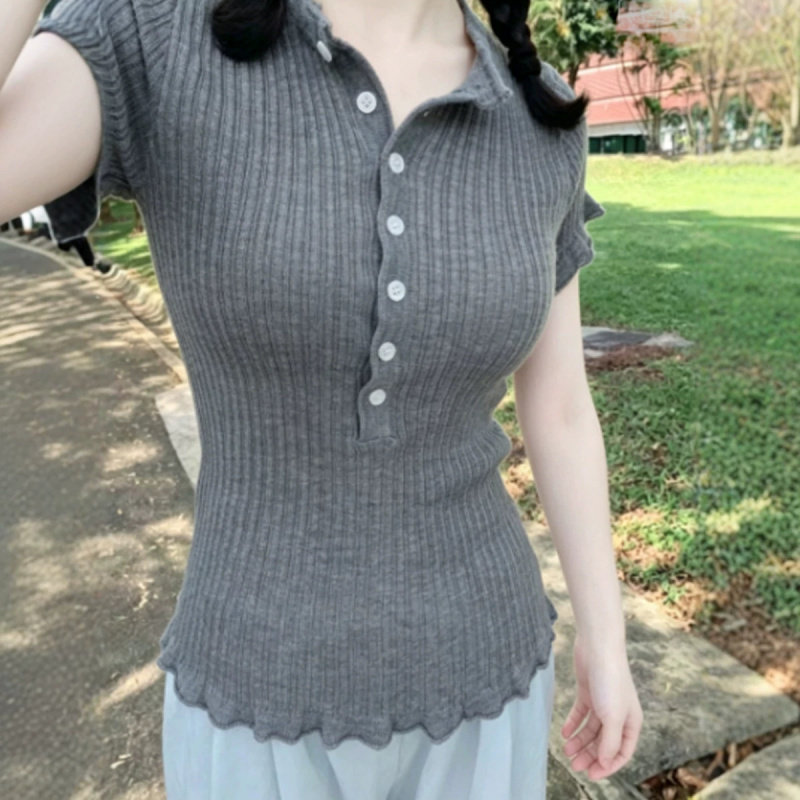 韩版甜美粉色麻花针织衫女夏季新款修身纽扣半开领短袖T恤女上衣