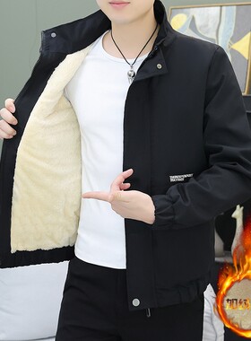 秋冬季韩版加绒加厚外套男士工装夹克新款休闲连帽保暖冲锋上衣服