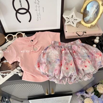 夏季女童套装2026新款后背蝴蝶结上衣短袖宝宝花苞短裤洋气两件套