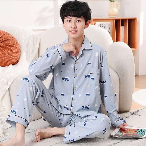青少年睡衣春秋季男孩12-20岁长袖纯棉初中学生男童中大童家居服