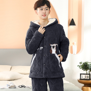 青少年睡衣男冬季加厚加绒珊瑚绒三层夹棉大童大码棉袄初中生冬款