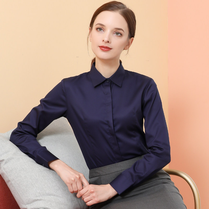 白衬衫女长袖修身暗扣防走光浅蓝色职业工装上衣正装打底衬衣秋装