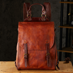 原创手工植鞣牛皮背包大容量男士 潮 真皮欧美风休闲双肩包撞色新款