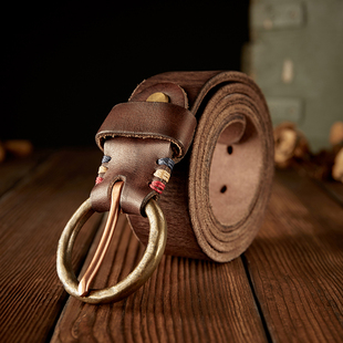 个性 带真皮纯铜针扣男款 腰带 皮带休闲牛仔裤 手工复古头层牛皮男士