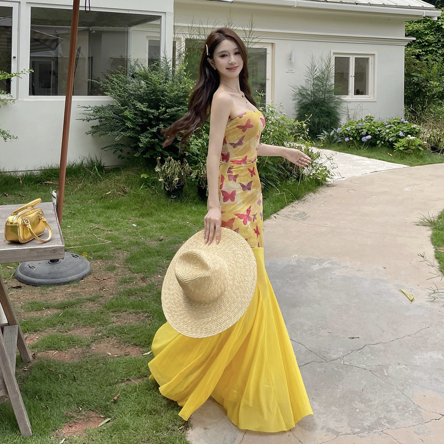 法式度假风印花抹胸连衣裙女 夏季御姐气质收腰长裙